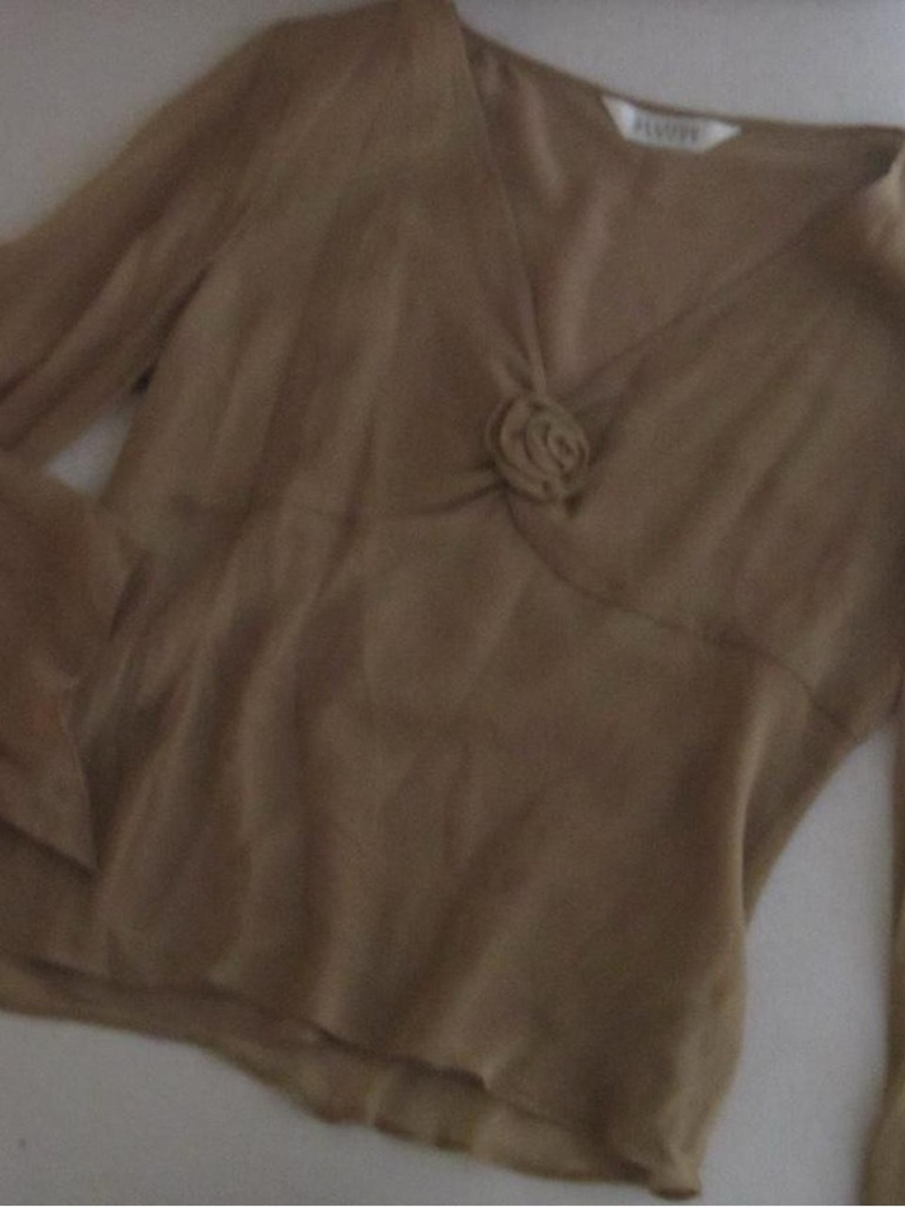 Feminine V-Neck Blouse with Rosette Detail - Camel